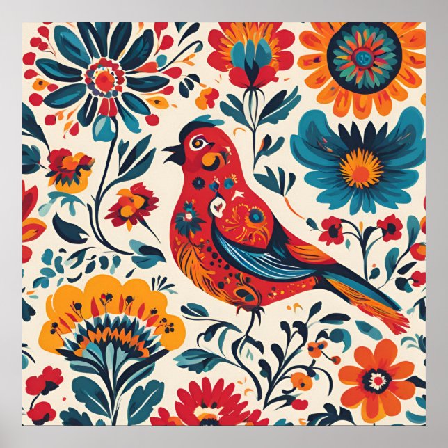 Poster Design élégant d'oiseaux en style folklorique polo (Devant)