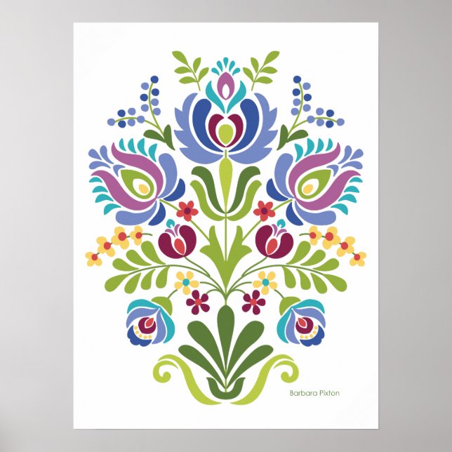 Poster Design folklorique hongrois Fleurs bleues et viole (Devant)