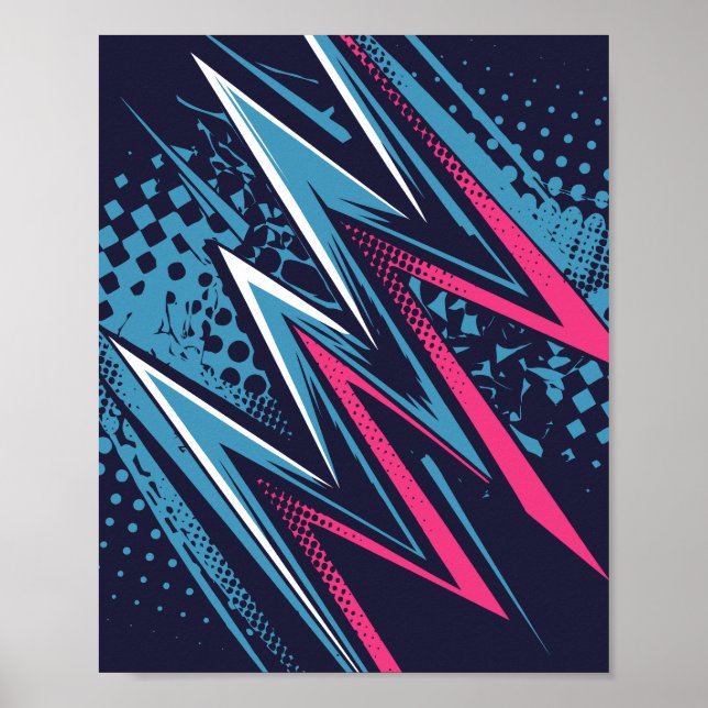 Poster Design Zigzag Abstrait en cyan et rose vif (Devant)