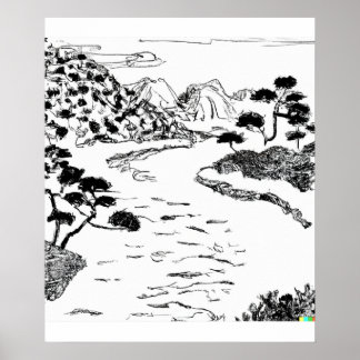 Poster dessin à la main croquis fluvial dans l'art Ukiyo-