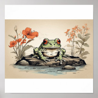 Poster dessin à la main Frog in Ukiyo-E Style