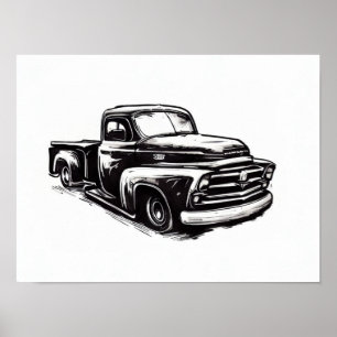 Poster Dessin à l'encre de camion Dodge noir et blanc
