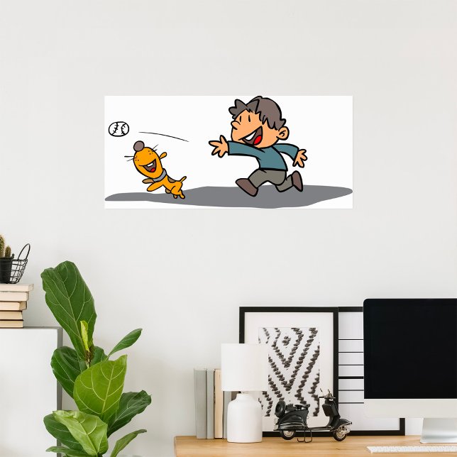 Poster Dessin amusant garçon et chien Jouer aller cherche (Créateur téléchargé)
