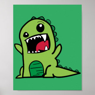 Poster dessin animé dino dinosaure vert