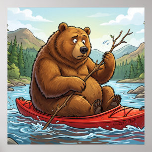 Poster Dessin animé d'ours grizzly drôle en kayak