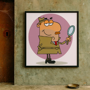 Poster Dessin animé drôle de détective avec loupe