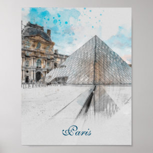Poster Dessin aquarelle du Louvre Paris, France