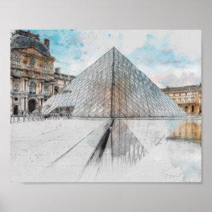 Poster Dessin aquarelle du Louvre Paris, France