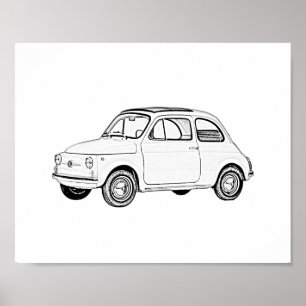 Poster Dessin au crayon noir et blanc classique Fiat 500