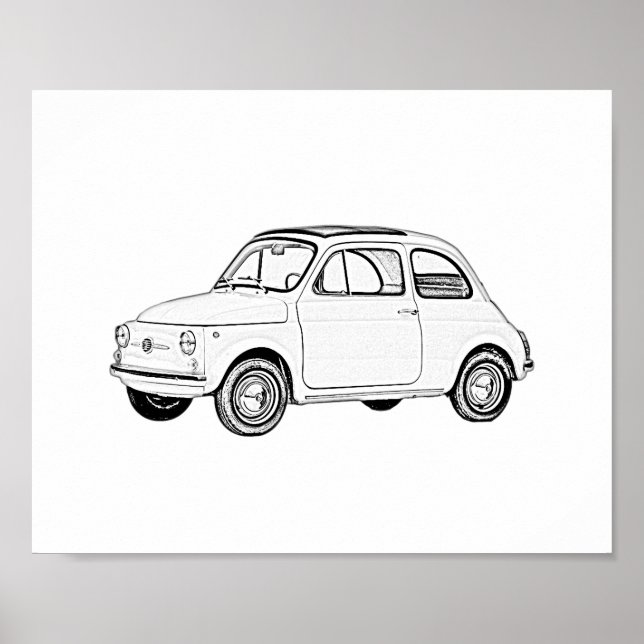 Poster Dessin au crayon noir et blanc classique Fiat 500 (Devant)