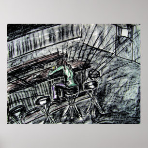 Poster Dessin au fusain Beer and Empty Bar Stools