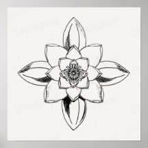 Dessin au trait noir et blanc de fleur de nénuphar