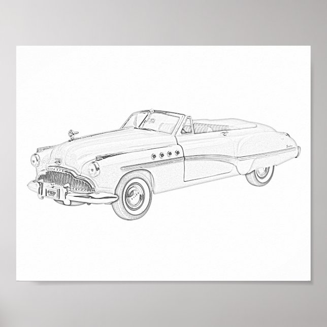 Poster Dessin Buick Roadmaster noir et blanc 1949 (Devant)