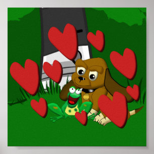 Poster Dessin d'amis chien beagle et grenouille avec le c