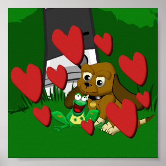 Poster Dessin d'amis chien beagle et grenouille avec le c