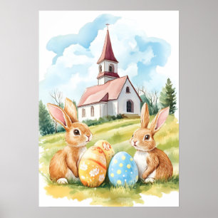 Poster Dessin d'aquarelle de l'église Bunny de Pâques