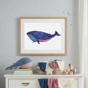 Poster Dessin d'art de baleine mignonne en bleu océan