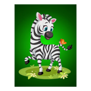 Poster Dessin de bébé zèbre jouant avec papillon