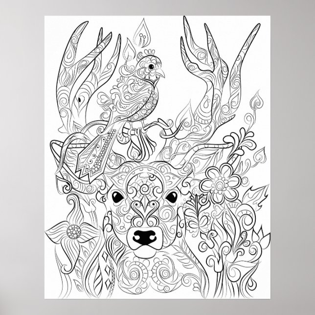 Poster Dessin de cerfs et d'oiseaux sur l'affiche de colo (Devant)