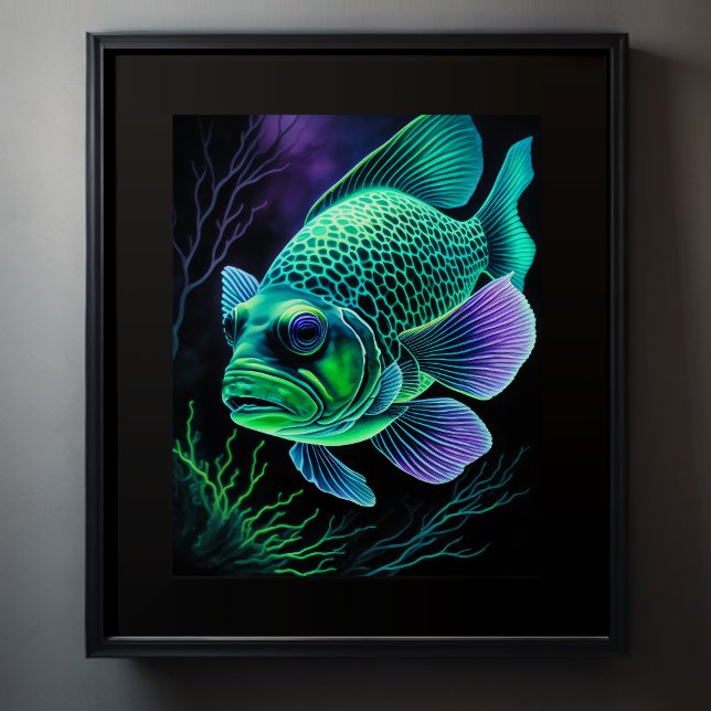 Poster Dessin de chaloupe de poisson sur le vert noir (Créateur téléchargé)