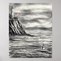 Dessin de charbon de phare et de voilier