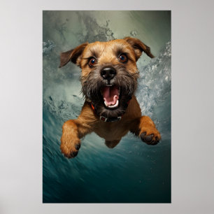 Poster Dessin de chien joueur nageant sous l'eau