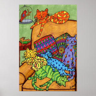 Poster Dessin de couleur mignon Chats chaise Dormir