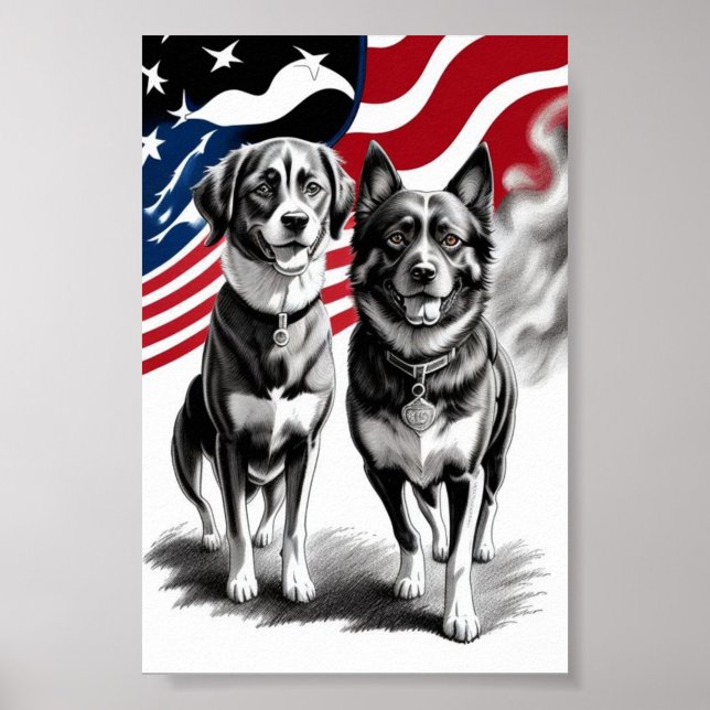 Poster Dessin de deux chiens patriotiques avec drapeau  ("Patriotic Pickup for Dog Lover's")