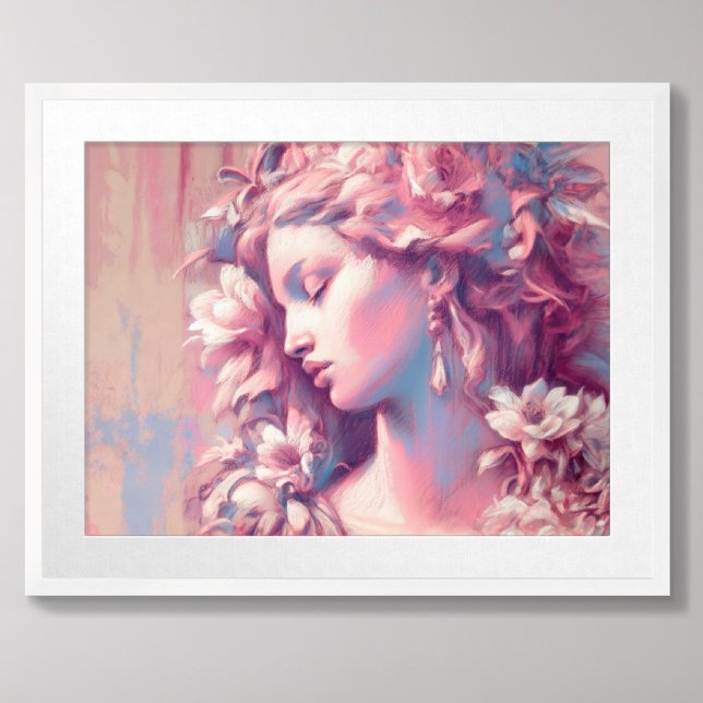 Poster Dessin de femme Fleurs rose bleu dur Pastel (Créateur téléchargé)