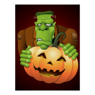 Poster Dessin de Frankenstein Monster avec Citrouille