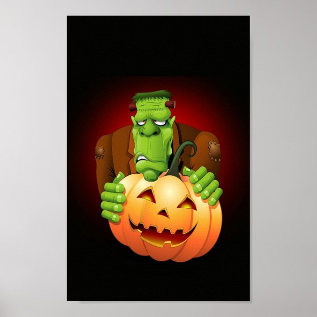 Poster Dessin de Frankenstein Monster avec Citrouille (Devant)