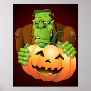 Poster Dessin de Frankenstein Monster avec Citrouille
