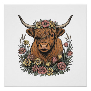 Poster Dessin de gravure vintage de vache highland floral
