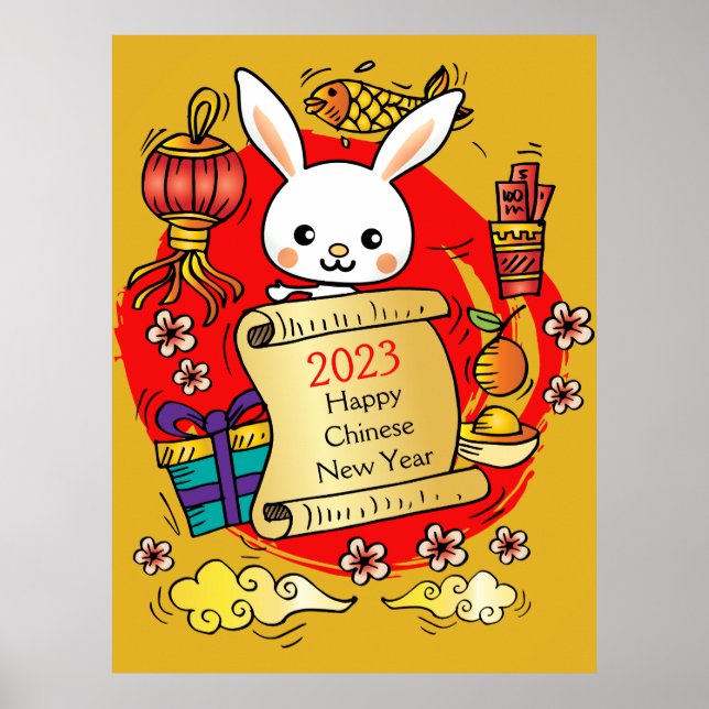 Poster Dessin de lapin du Nouvel An chinois (Devant)