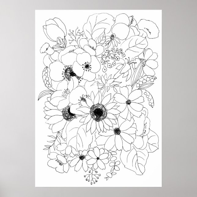 Poster dessin de ligne d'arrangement de fleurs (Devant)
