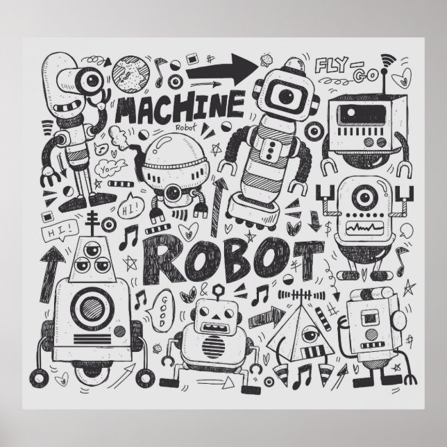 Poster Dessin de l'illustrateur de robots à doodles (Devant)