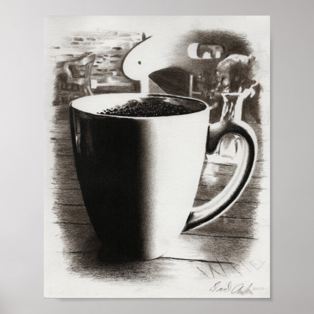 Poster Dessin de Mug de café au charbon noir et blanc (Devant)