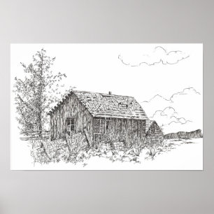 Poster Dessin de stylo noir blanc d'encre de la vieille m