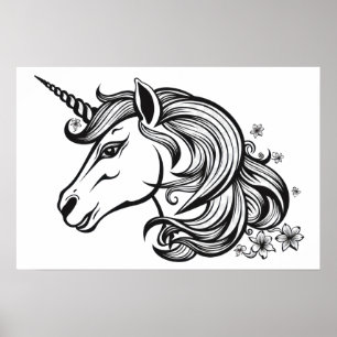 Poster Dessin de tête de licorne mignon.