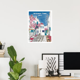 Poster Dessin de voyage de Mykonos Town Greece