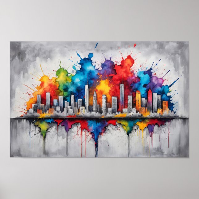 Poster Dessin d'encre à éclaboussure avec skyscraper (Devant)