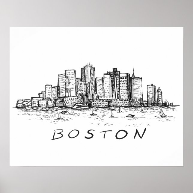 Poster Dessin d'encre Cityscape de Boston (Devant)