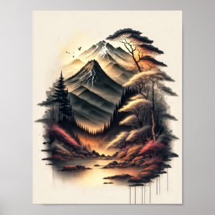 Poster Dessin d'encre de paysage japonais avec volcan