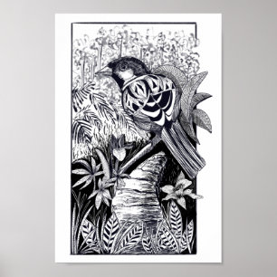 Poster Dessin d'encre d'oiseau noir et blanc 