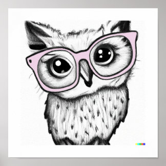 Poster Dessin dessiné à la main hibou portant des lunette