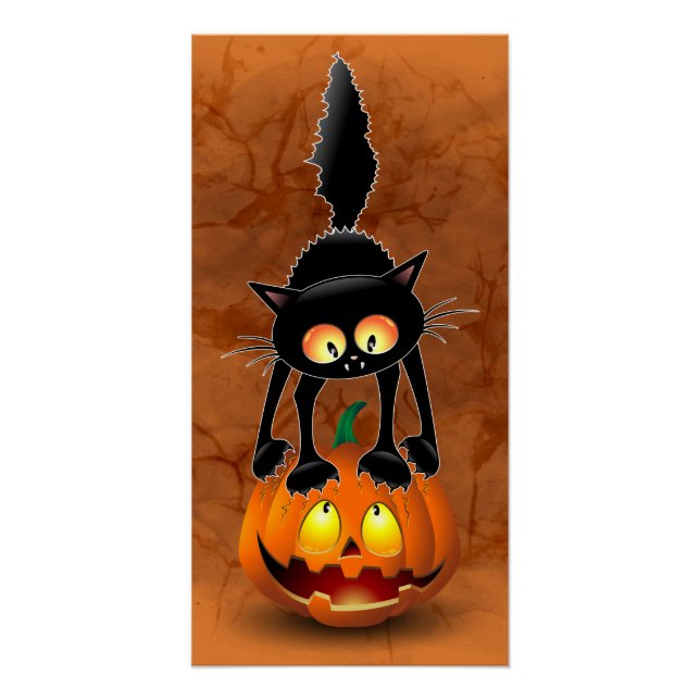 Poster Dessin d'Halloween au chat effrayé sur Citrouille (Devant)