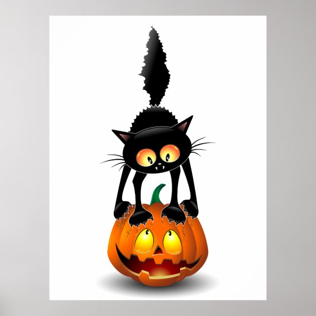 Poster Dessin d'Halloween au chat effrayé sur Citrouille (Devant)