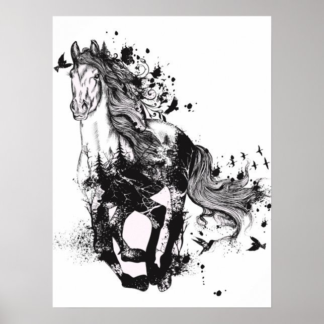 Poster Dessin du cheval et nature Art Abstrait (Devant)