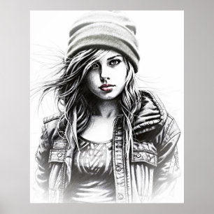 Poster Dessin d'une jeune femme grunge