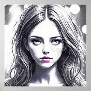 Poster Dessin d'une jeune fille au regard envoûtant